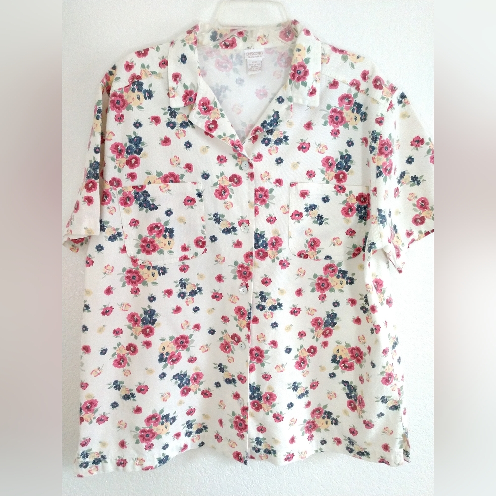 Cute Vintage Cherokee Women's Floral Camp Shirt Short Sleeve Pink Blue Size 18W